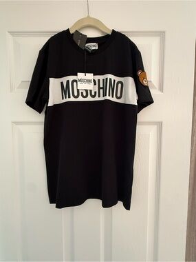 Moschino Kids Black Tee with White Logo Stripe and Bear Patch